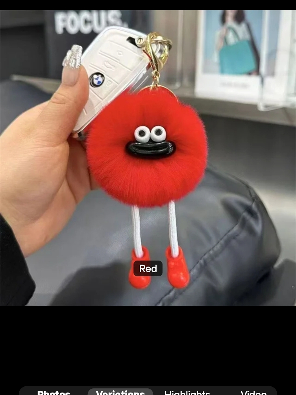 BMW Red Fuzzy Pom Pom Keychain with Gold Hardware NWOT